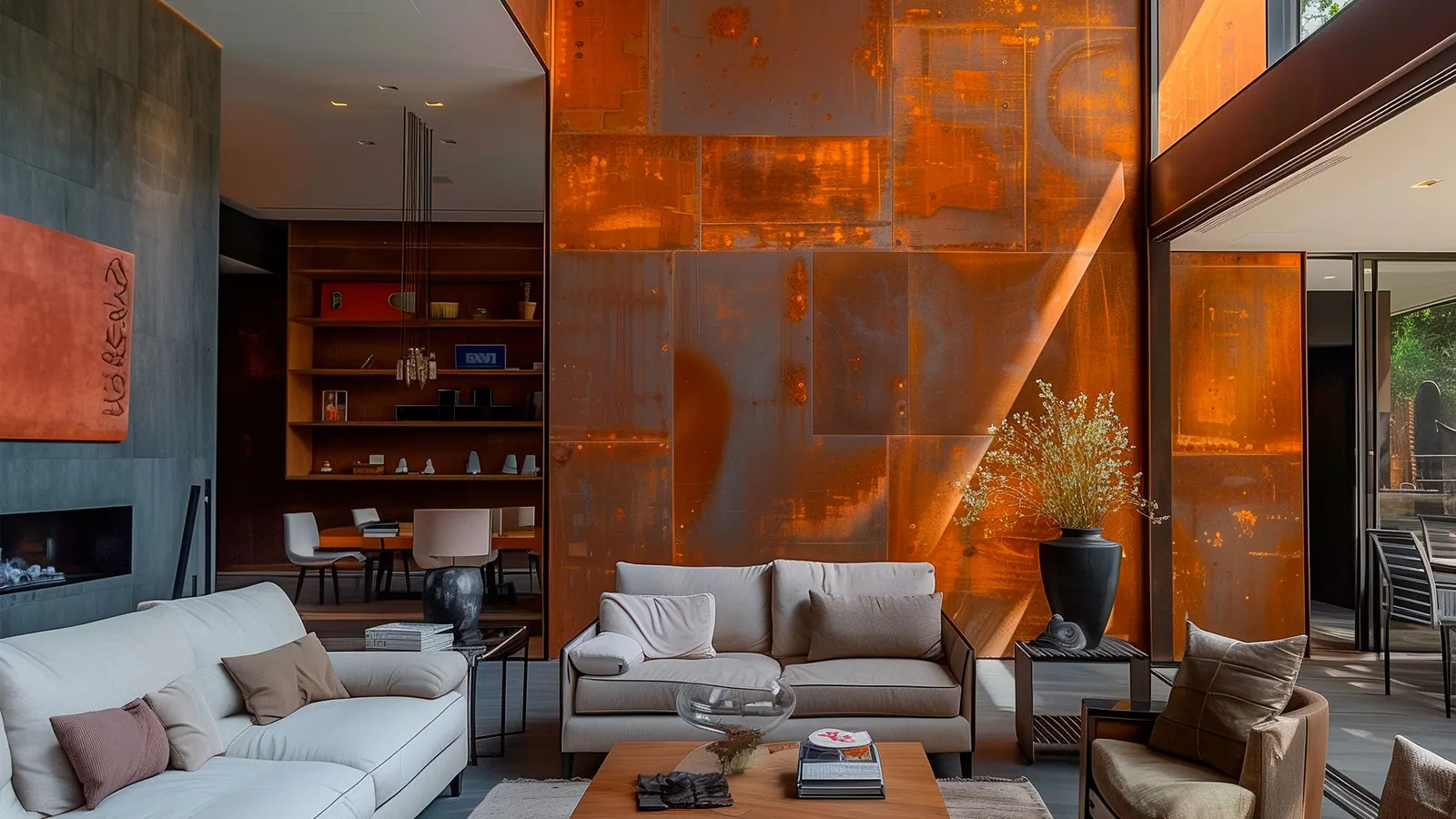 Sala com parede revestida de chapas de aço corten, fabricadas pela Mostaza