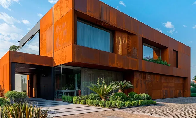 Casa de dois andares com fachada de aço corten