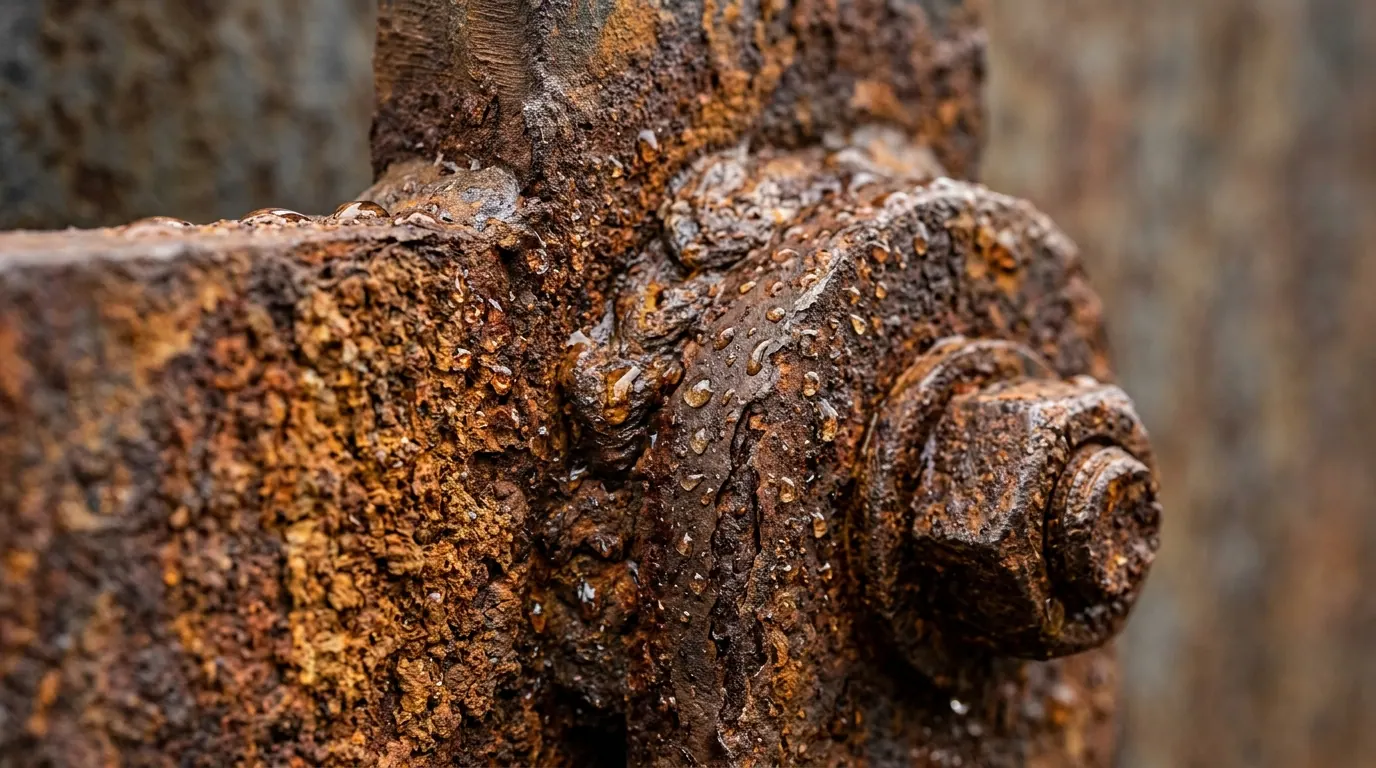 Detalhe em close-up da textura e oxidação do aço corten com diferentes tonalidades em uma estrutura metálica.