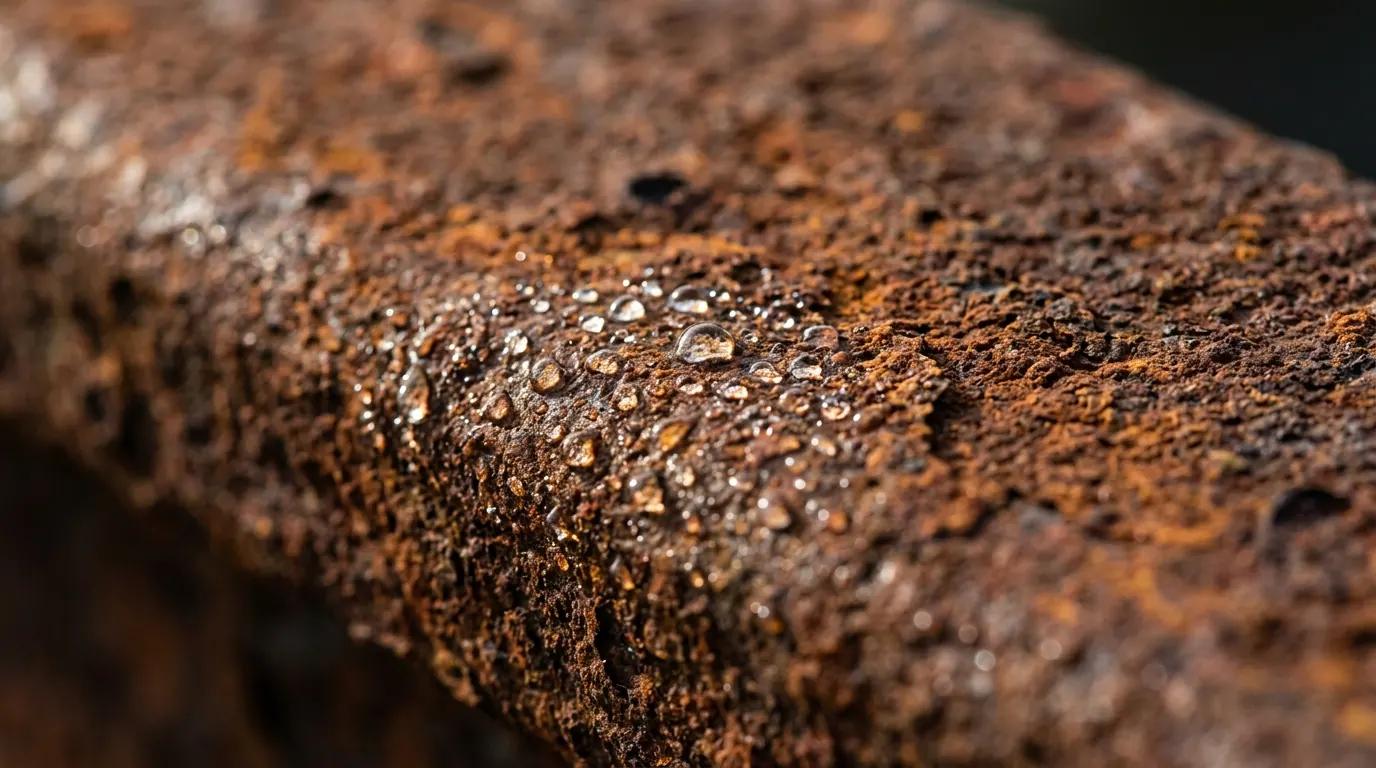 Detalhe em zoom de gotas de água sobre a textura oxidada de aço corten em ambientes úmidos com foco nítido.