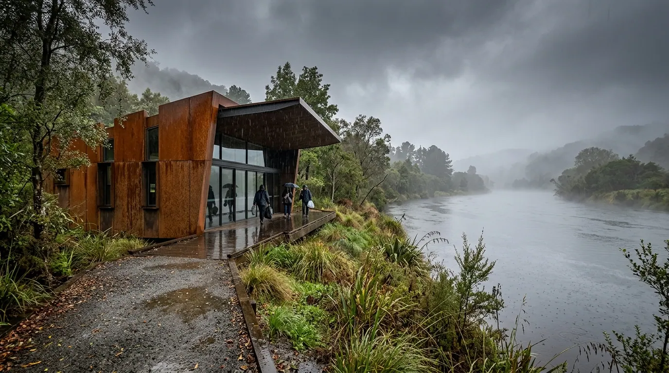 Fachada de prédio em aço corten em ambientes úmidos à beira de um rio com neblina e vegetação sob luz natural.