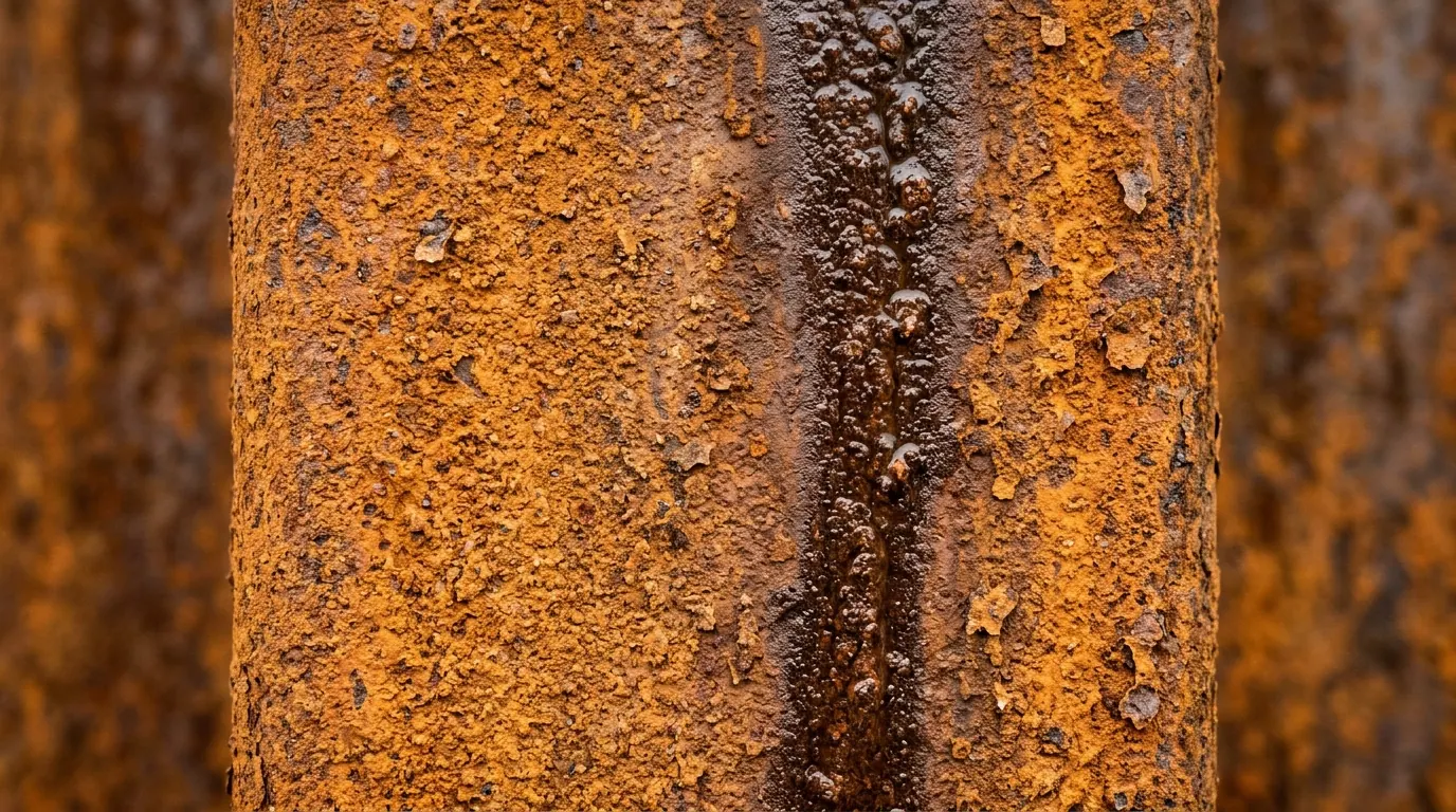 Close detalhado de placa metálica oxidada revelando a textura onde o aço corten mancha a própria superfície.