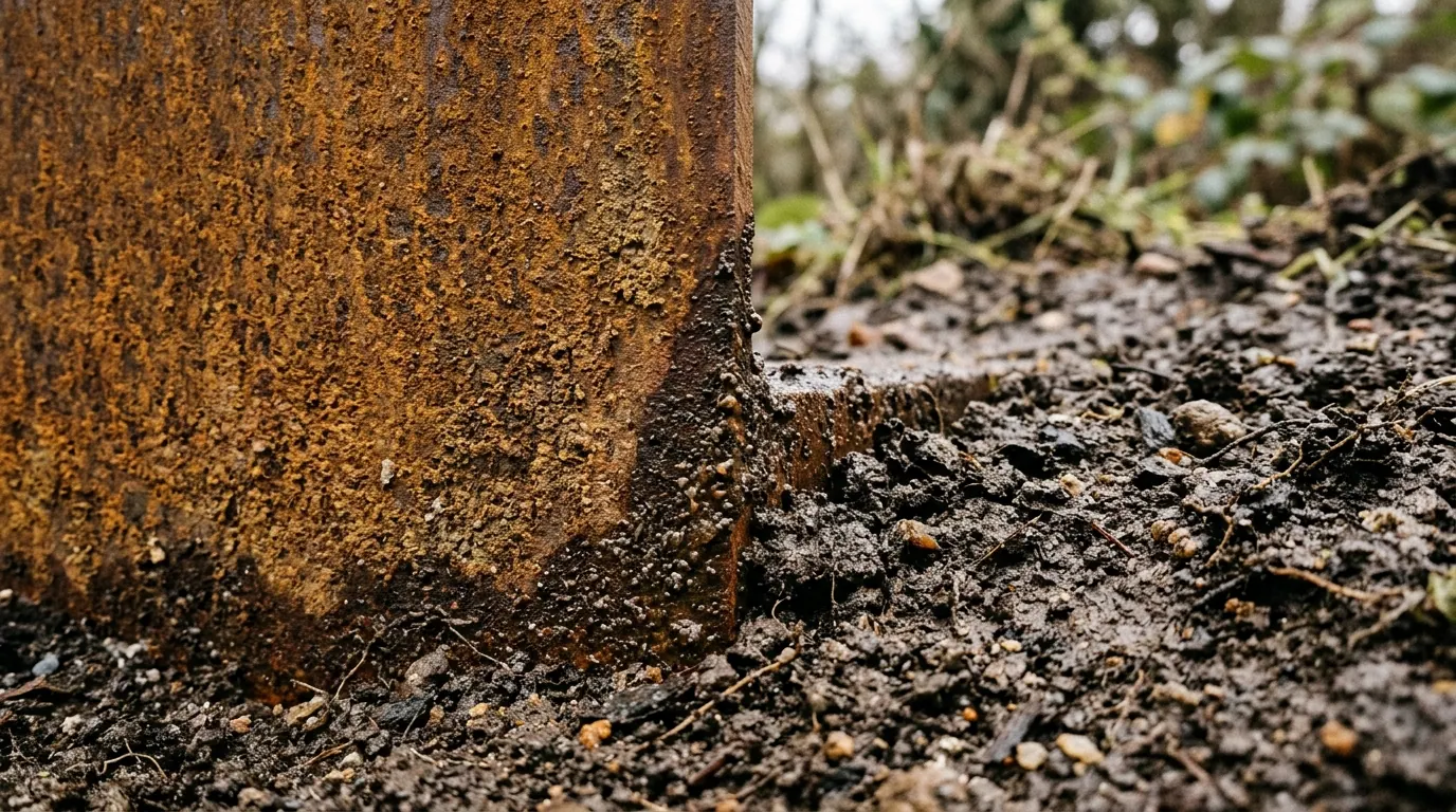 Detalhe em close-up mostra a textura do aço corten pode ser enterrado em contato direto com a terra úmida no solo.