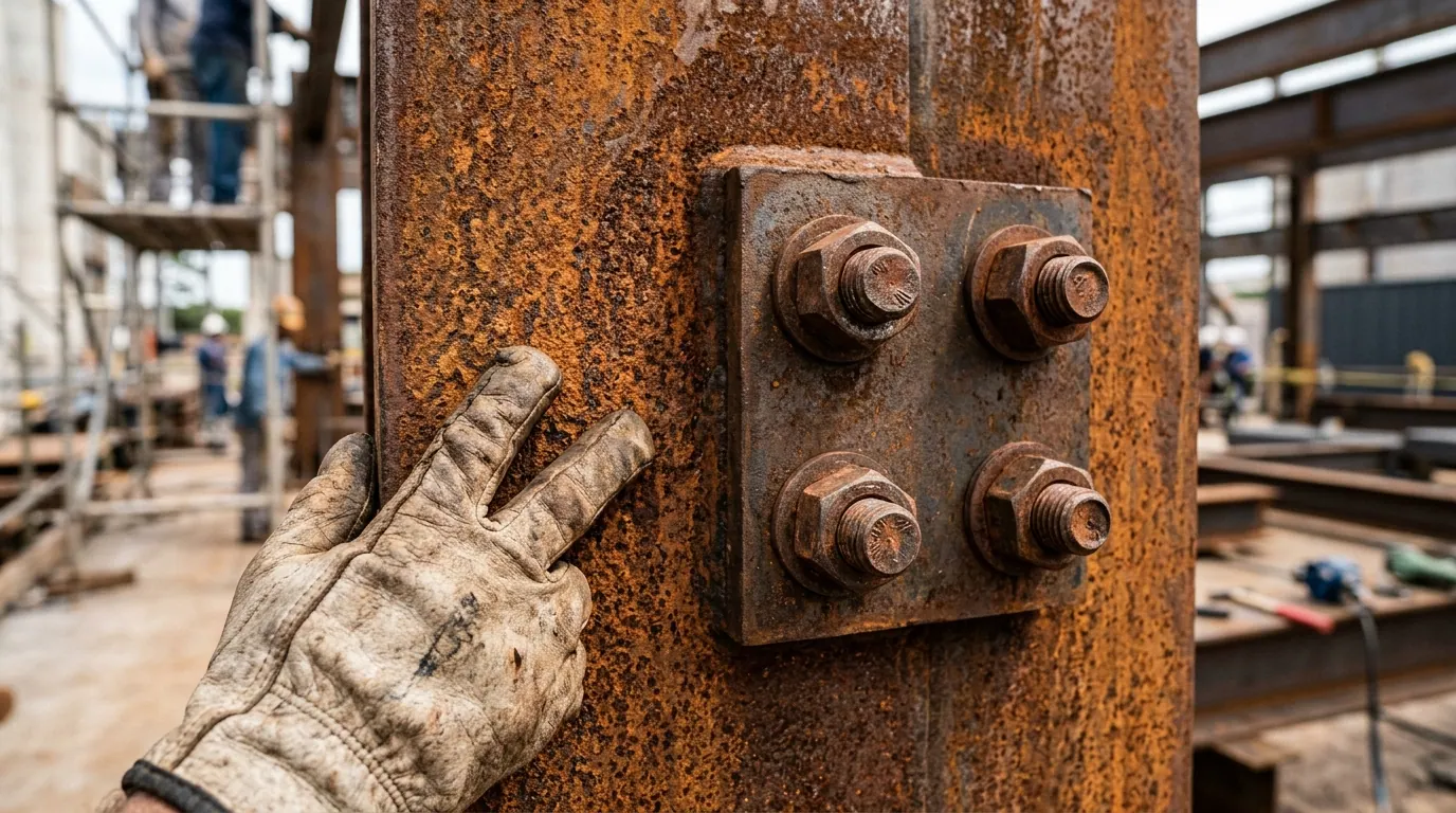 Detalhe em close de textura oxidada em chapa de aço patinável com foco nos rebites e pátina de proteção.