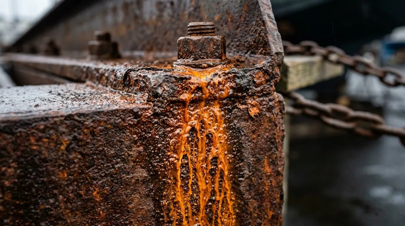 Detalhe em close da textura enferrujada de uma viga mostrando o padrão de escorrimento do aço corten após a chuva.