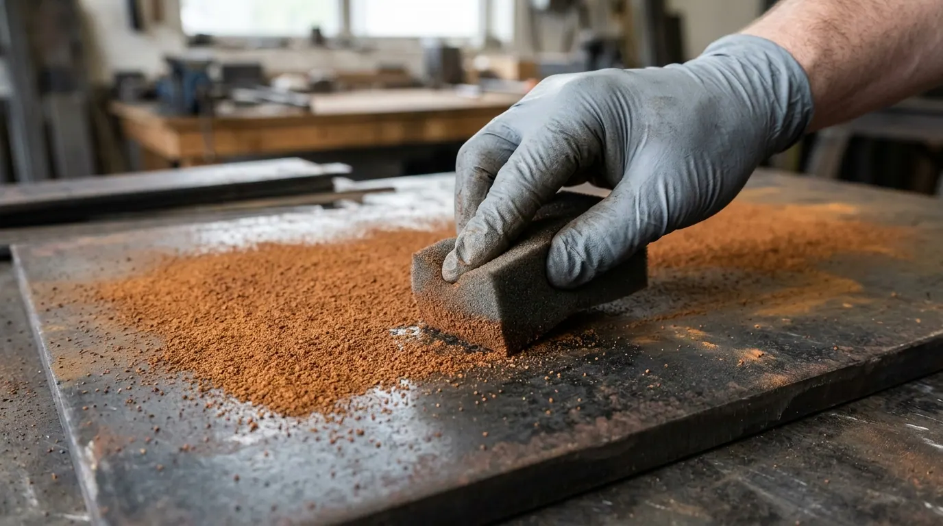 Detalhe de mão aplicando reagente aço corten em pó sobre superfície metálica para criar efeito de oxidação realista.