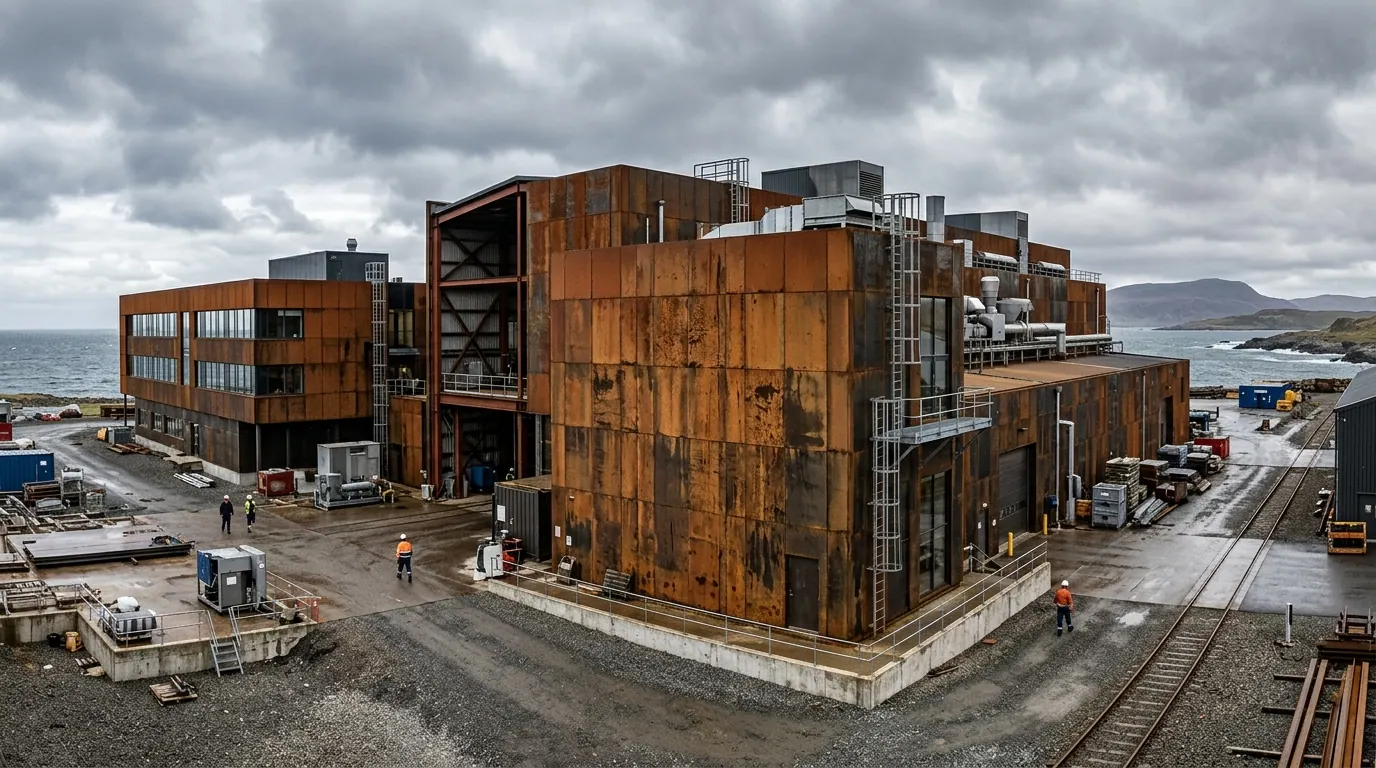 Fachada industrial ampla exibindo painéis metálicos oxidados com o uso de reagente aço corten em pó sob luz natural.